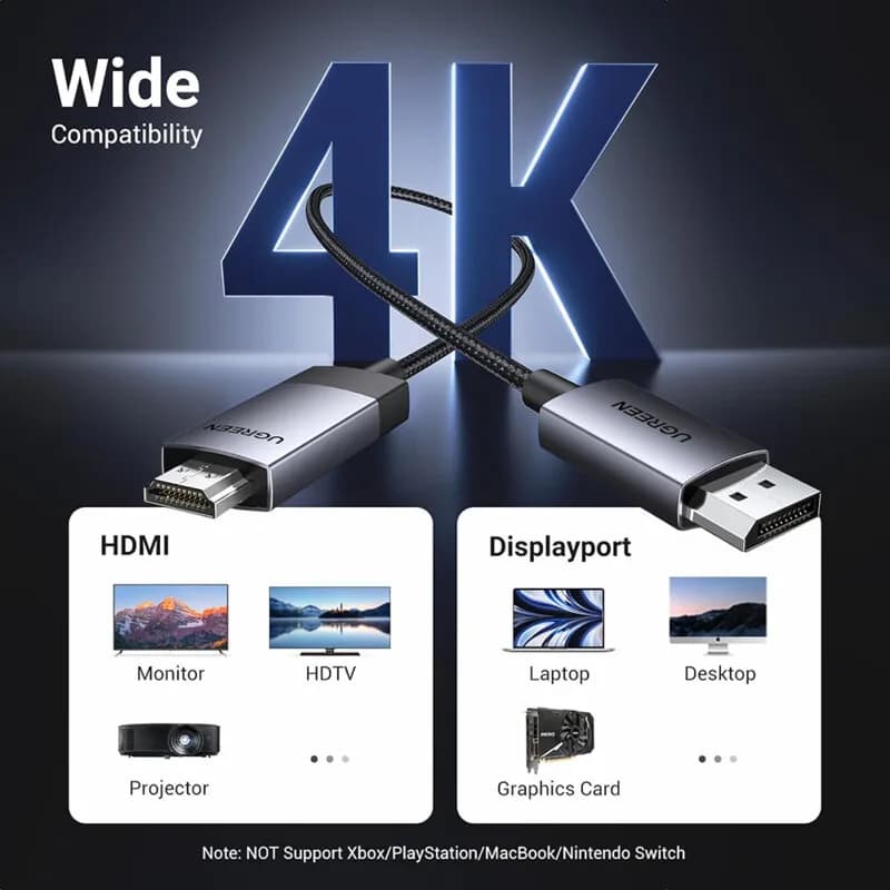 CABLU video Ugreen, "DP119" DP (T) la HDMI (T) 4K la 60Hz, lungime 2m, negru "15774" - 6941876217748 — miniatură