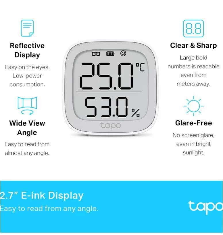 TP-LINK TAPO T315, Monitor smart de temperature si umiditate (necesită Hub Tapo), Wireless: 868 / 922 MHz, Acuratete temperature: ±0.3°C, Acuratete umiditate: ±3%RH, Dimensiuni: 62 × 62 × 24.5 mm, Alimentare: 2 × AAA/LR03 battery — miniatură