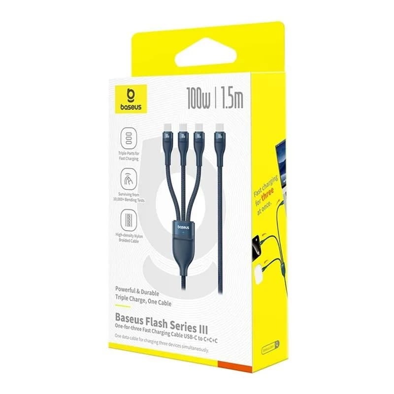CABLU alimentare si date Baseus One-for-three, Fast Charging Data Cable pt. smartphone, USB Type-C la 3 x USB Type-C 100W, 1.5m, albastru "P10377503321-00" - 6932172669805 — miniatură