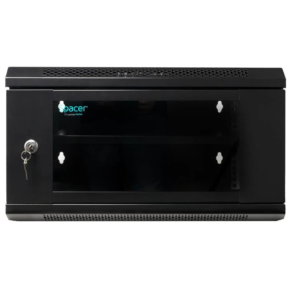 CABINET 19″ SPACER 6U 500x450mm, fixare pe perete, Flatpack (dezasamblat), Black, usa sticla cu blocare, panouri detasabile, otel 1mm, sarcina maxima 25Kg — miniatură