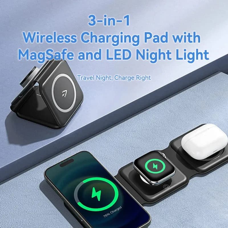 Statie incarcare wireless 3in1 Vention, MagSafe, telefon 15W, ceas 2.5W, casti 5W, fast charge, pliabil, magnetic, lumina LED, 1 x USB-C incarcare, negru, "FGGB0" - 6922794783836 — miniatură