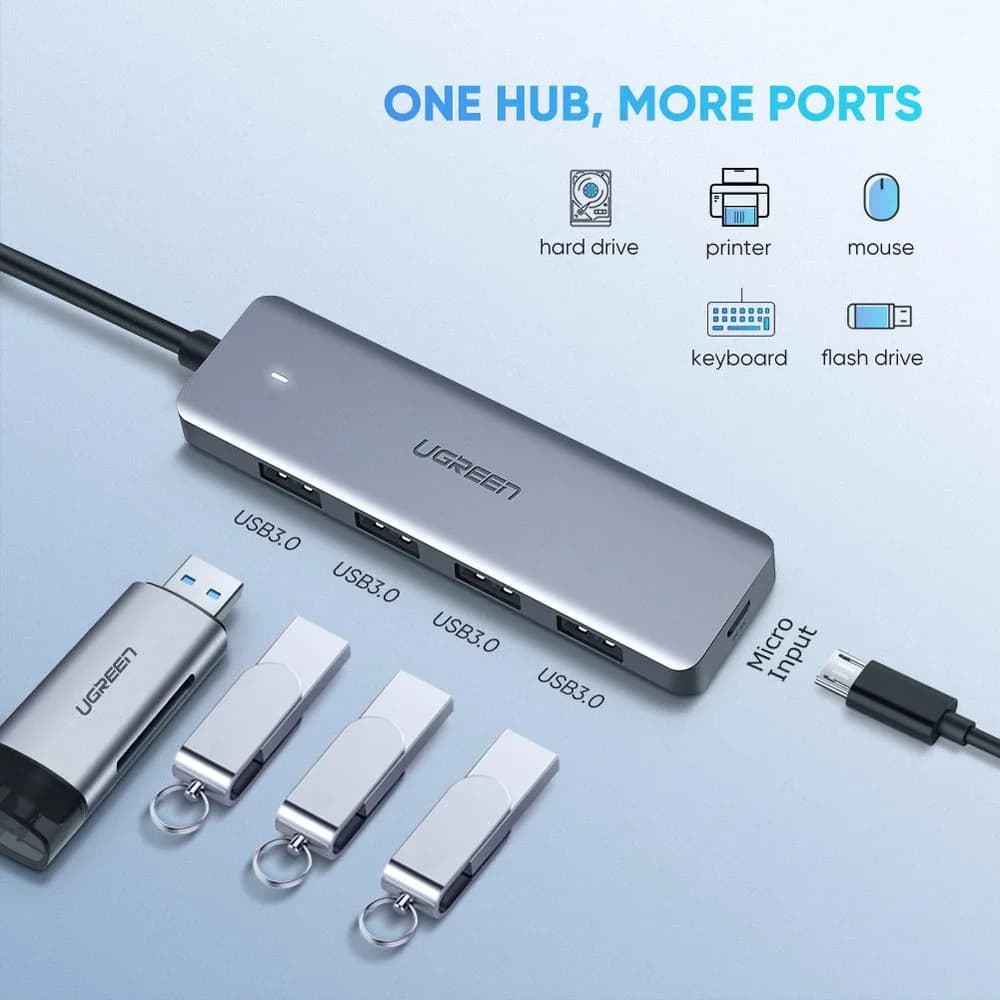 HUB extern Ugreen, "CM219" porturi USB: USB 3.0 x 4, conectare prin USB Type-C, aluminiu, lungime 15 cm, gri, "70336" - 6957303873364 — miniatură
