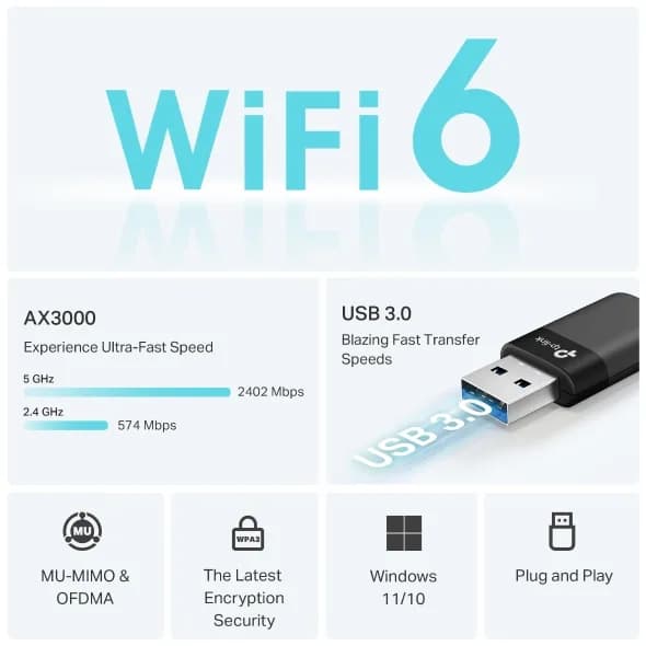 ADAPTOR RETEA TP-Link, Wi-Fi 6 AX3000 Dual-Band, MU-MIMO, USB 3.0, WPA3, "Archer TX50U" — miniatură