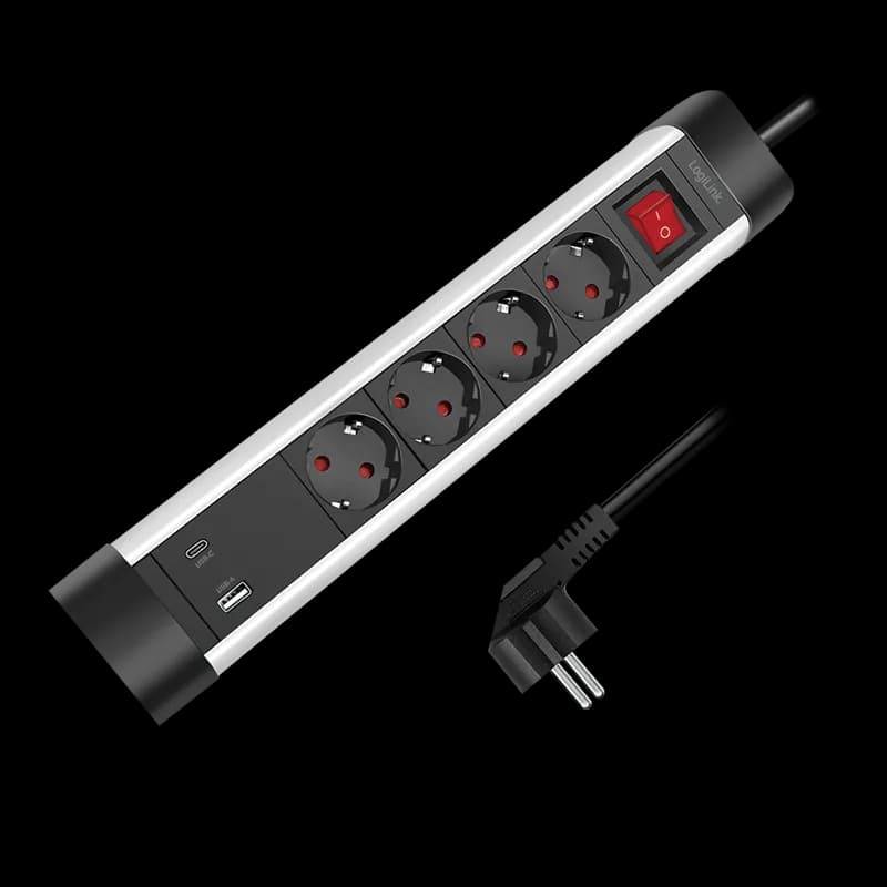 PRELUNGITOR LOGILINK, Schuko x 4, conectare prin Schuko (T), ON/OFF, 16 A, 1xUSB-A, 1xUSB-C, cablu 1.5m, protectie IP20, negru-argintiu, "LPS278U" — miniatură