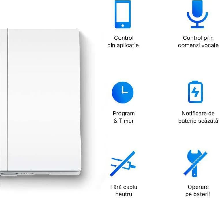 TP-LINK TAPO S220 intrerupator inteligent dublu (NECESITA HUB TAPO), Wireless: 868 MHz, incarcare maxima: 600 W LED/600W CFL/1000W INC/1000WFTL/Ventilator de 50 W, Dimensiuni: 87.1 × 86 × 41 mm, Alimentare: 2× Baterii AAA 1.5 V — miniatură