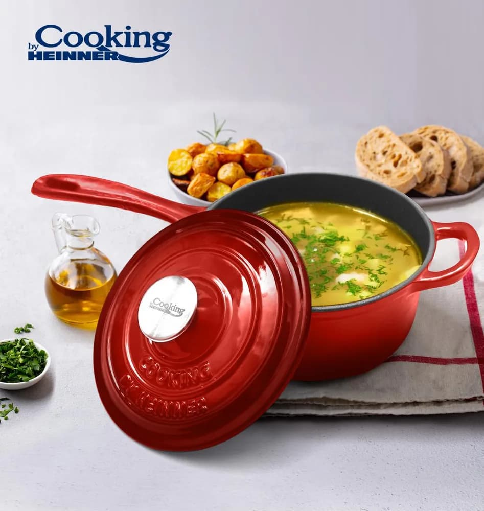 CASEROLA FONTA EMAILATA + CAPAC 19 X 9 CM, 1.8 L, RED LINE, COOKING BY HEINNER — miniatură