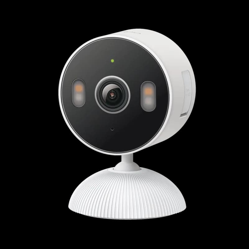 Indoor/Outdoor Home Security Wi-Fi Camera SPEC: 2K (2304x1296), 2.4 GHz FEATURE: Smart Detection and Notifications (motion, people, baby crying), Sound and Light Alarm, Remote Control, Two-Way Audio, Voice Control (Works with Google Assistant, Alexa, and Samsung SmartThings), Local Storage through