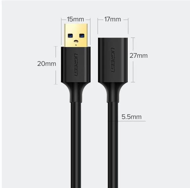 CABLU USB Ugreen prelungitor, "US129" USB (T) to USB (M), 5m, negru, "90722" - 6957303897223 — miniatură