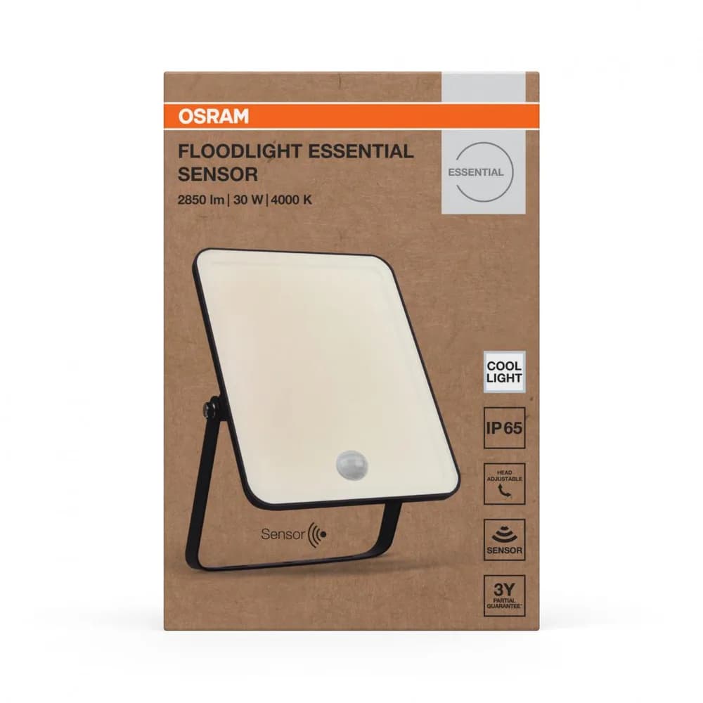 Proiector LED cu senzor de miscare si lumina OSRAM FLOODLIGHT ESSENTIAL, 30W, 220-240V, 2700 lm, lumina neutra(4000K), IP65,18.6x2.8x12.8cm, aluminiu, Negru