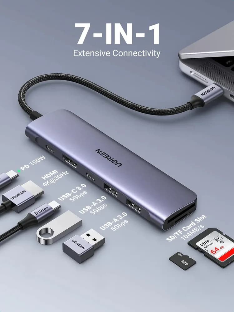 DOCKING Station Ugreen, "CM195" conectare PC USB Type-C, USB 3.0 x 2|HDMI x 1/4K/30Hz|Card reader x 1|USB Type C x 1 PD 100W, aluminiu, gri "15214" — miniatură