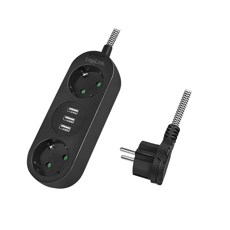PRELUNGITOR LOGILINK, Schuko x 2, conectare prin Schuko (T), USB x 3, cablu 1.5 m, 16 A, fara protectie, negru, "LPS262U"