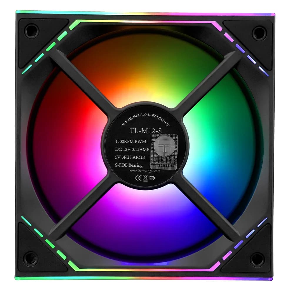 Set 3 ventilatoare Thermalright "TL-M12-S", 120mm, 1500 RPM, S-FDB Bearing, 47.6 CFM, LED ARGB, 4pin PWM, negru, "TL-M12-S-3" — miniatură