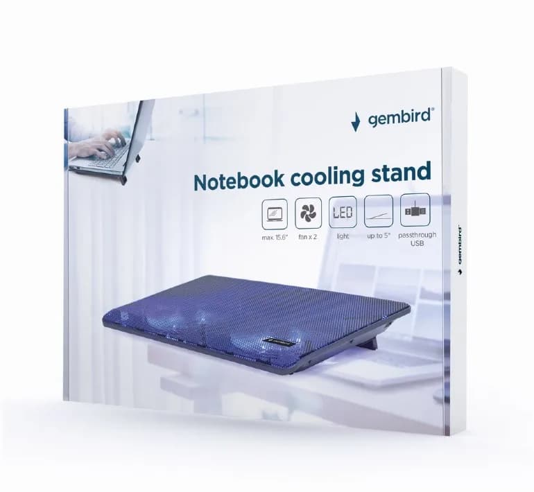 STAND GEMBIRD notebook 15.6", sita metal, fan 2x15cm, LED light, black, NBS-2F15-05" — miniatură
