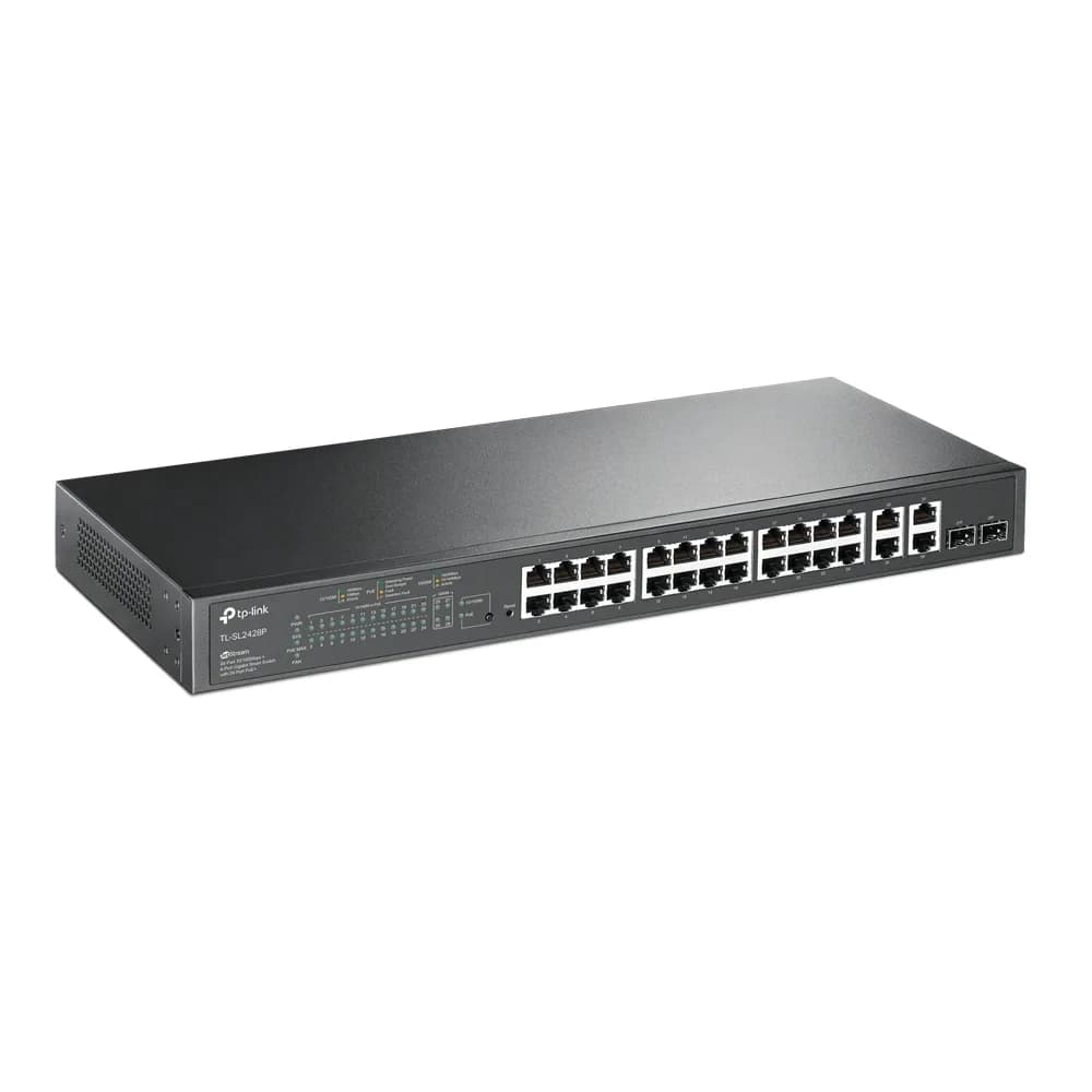 SWITCH SMART TP-Link 24 PORTURI POE+ 10/100M + 4 PORTURI 10/100/1000M, 2 sloturi Gigabit SFP, TP-LINK "TL-SL2428P" — miniatură