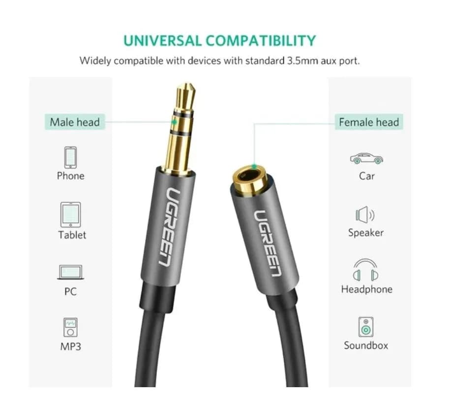 CABLU audio Ugreen, "AV118" stereo 3.5 mm jack (T) la 3.5 mm jack (M), 3m, conectori auriti, negru "10595" - 6957303815951 — miniatură