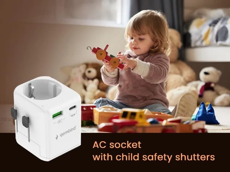 ADAPTOR GEMBIRD, universal, EU la conectori: US/UK/CN/AU, cu impamantare, 1x Schuko, 1x USB Type-C PD 20W, 1x USB-A QC 18W, siguranta 10A, max. 2500W, alb, "TPA-EU1A1C20-01-W" — miniatură
