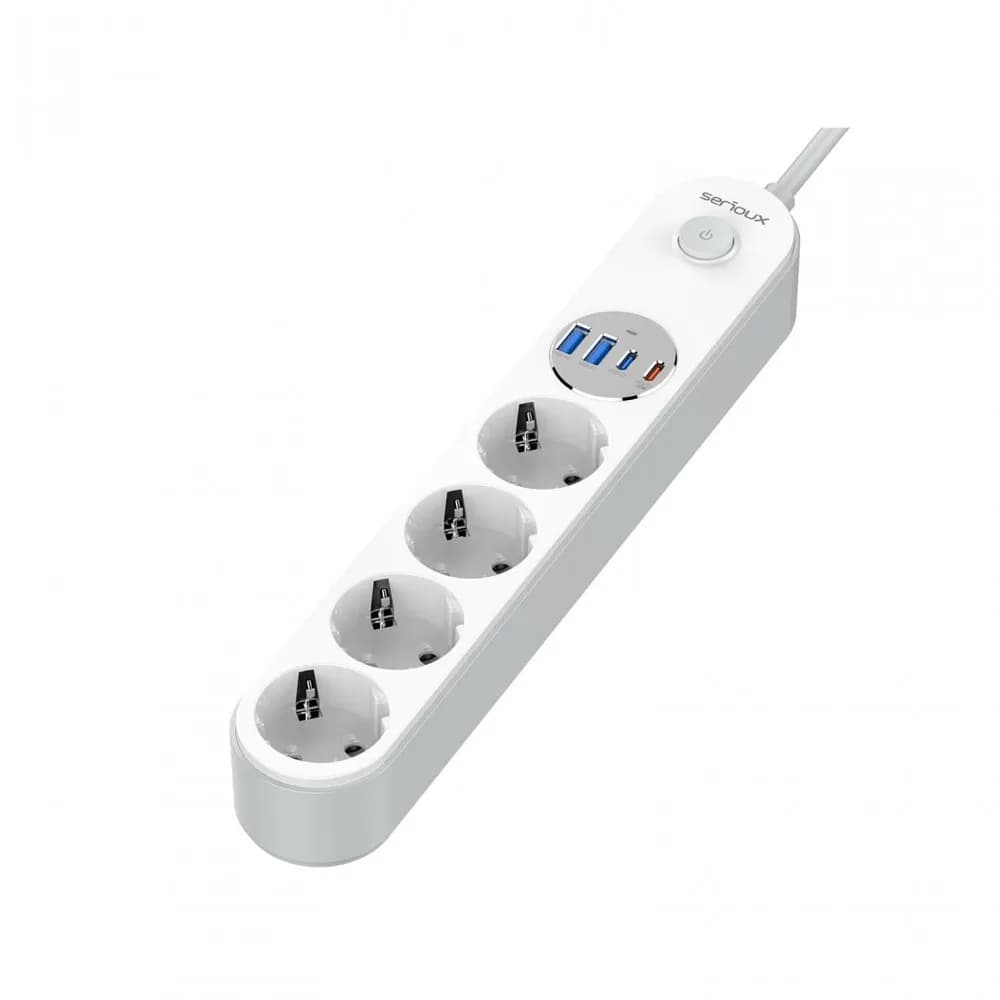 Prelungitor cu protectie Serioux SRXP-PS44W, 4 prize schuko, Tensiune intrare: 100-240V, 50-60Hz, Tensiune ieşire (total): 2500W-10A, 4 porturi USB (auto max), USB-C1-20W si USB-C2/A1/A2-12W, Amperaj port USB (max): 3.4A, Funcţie auto ID — miniatură