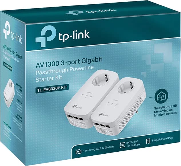 KIT ADAPTOR POWERLINE TP-LINK tehnologie AV2, AV1300, pana la 1300Mbps, 3 porturi Gigabit, priza AC, 2 buc. "TL-PA8030PKIT" — miniatură