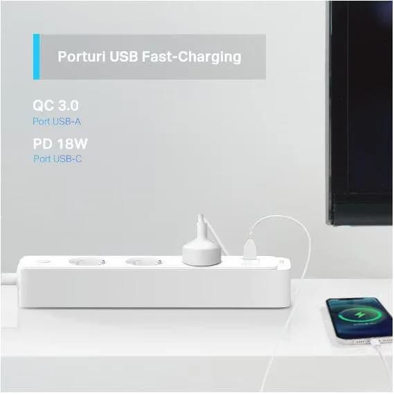 TP-Link SMART WI-FI SOCKET TAPO P300, Protocol: IEEE 802.11b/g/n, Bluetooth 4.2, 2.4 GHz, Cerințe de sistem, Android 5 sau mai recent, iOS 10 sau mai recent, Dimensiuni: 268*55*40mm, cablu de 1.5m, voltaj maxim: 2300W, 10A, 3 prize, 2 x USB. — miniatură