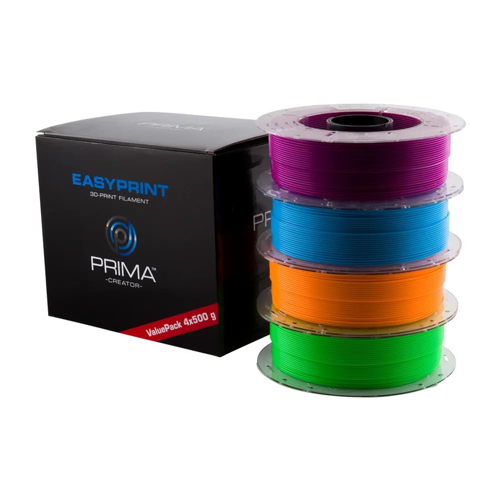 Filament PrimaCreator EasyPrint PLA Value Pack Neon – 1,75 mm – 4x 500 g (Total 2 kg) – Neon Blue, Neon Green, Neon Orange, Neon Purple