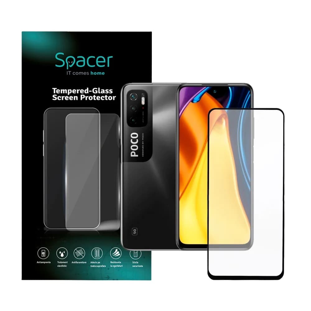 FOLIE STICLA Spacer pentru Xiaomi Pocophone M3 Pro 5G, grosime 0.3mm, acoperire totala ecran, strat special anti-ulei si anti-amprenta, Tempered Glass, sticla 9D, duritate 9H "SPPG-XI-PC-M3P5G-TG"