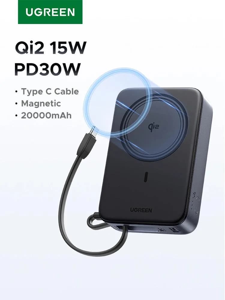 POWER BANK Ugreen "PB567", 20000mAh, 30W PD3.0, 1 x USB, 1 x USB Type-C, incarcare magnetica 15W, 1 x USB Type-C cablu integrat, gri, "55450B" — miniatură