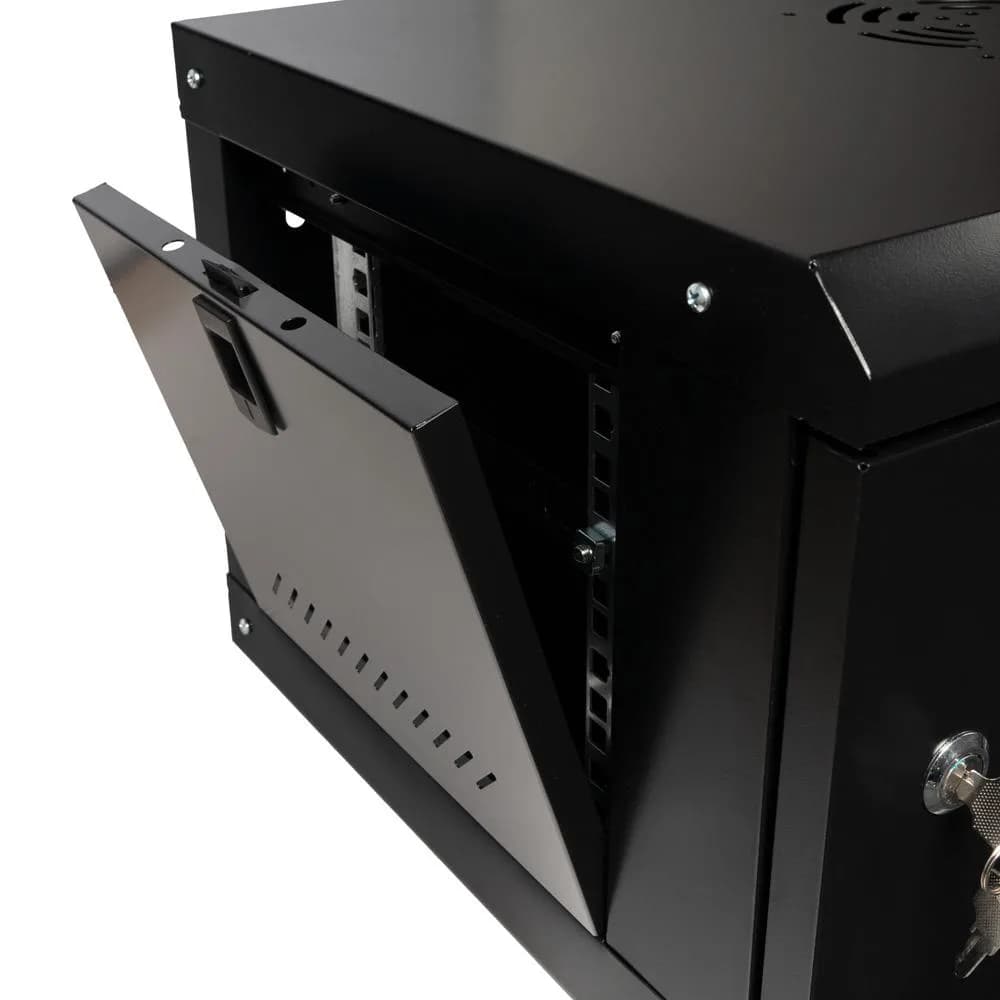 CABINET 19″ SPACER 6U 500x450mm, fixare pe perete, Flatpack (dezasamblat), Black, usa sticla cu blocare, panouri detasabile, otel 1mm, sarcina maxima 25Kg — miniatură