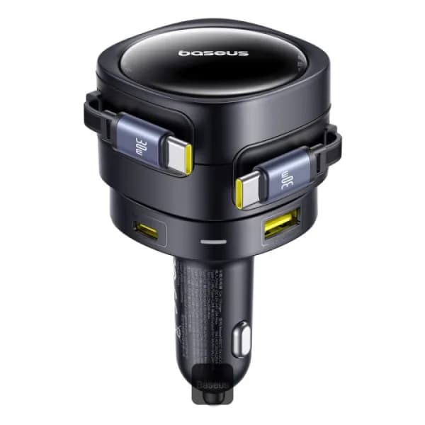 INCARCATOR auto Baseus Enjoyment Max, Quick Charge 90W, 1 x USB, cablu retractabil integrat 2 x USB Type-C, pt. bricheta auto, negru "C00035507121-03" - 6932172682606 — miniatură