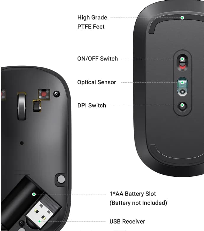 MOUSE Ugreen, "MU001" PC sau NB, wireless 2.4GHz, optic, 3/1 butoane/scroll, 4000 dpi, negru "90372" - 6957303893720 — miniatură