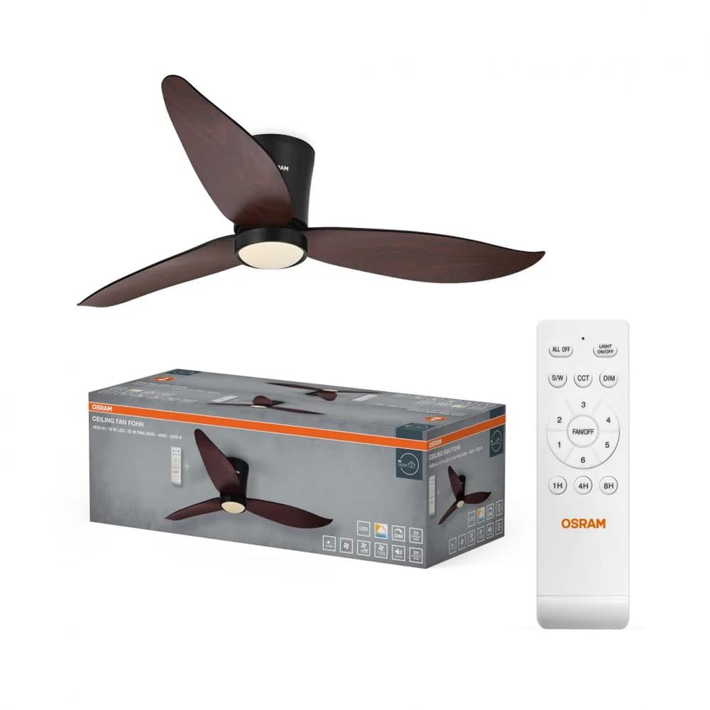 Plafoniera LED CCT cu ventilator Osram Fohn cu Telecomanda, 41W, 1820lm, lumina alba (3000-4000-6500K), dimabila, IP20, max 7272 m³/h, timer 1h-4h-8h, Wenge