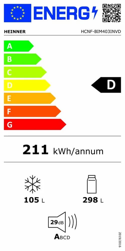Combina frigorifica HEINNER HCNF-BIM403INVD, No Frost, 403 l, Clasa: D, incorporabila, Compresor inverter Alb — miniatură