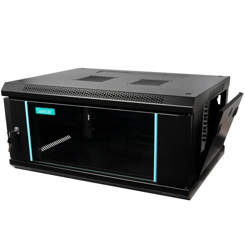 CABINET 19″ SPACER 4U 600x450mm, fixare pe perete, Flatpack (dezasamblat), Black, usa sticla cu blocare, panouri detasabile, otel 1.5mm, sarcina maxima 60Kg — miniatură