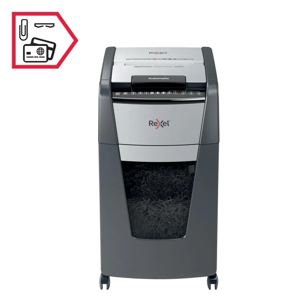 Distrugator automat documente Rexel OPTIMUM 300X, 300 coli, P4, cross-cut (tip confeti), cos 60 litri, negru-gri, "2020300XEU" — miniatură