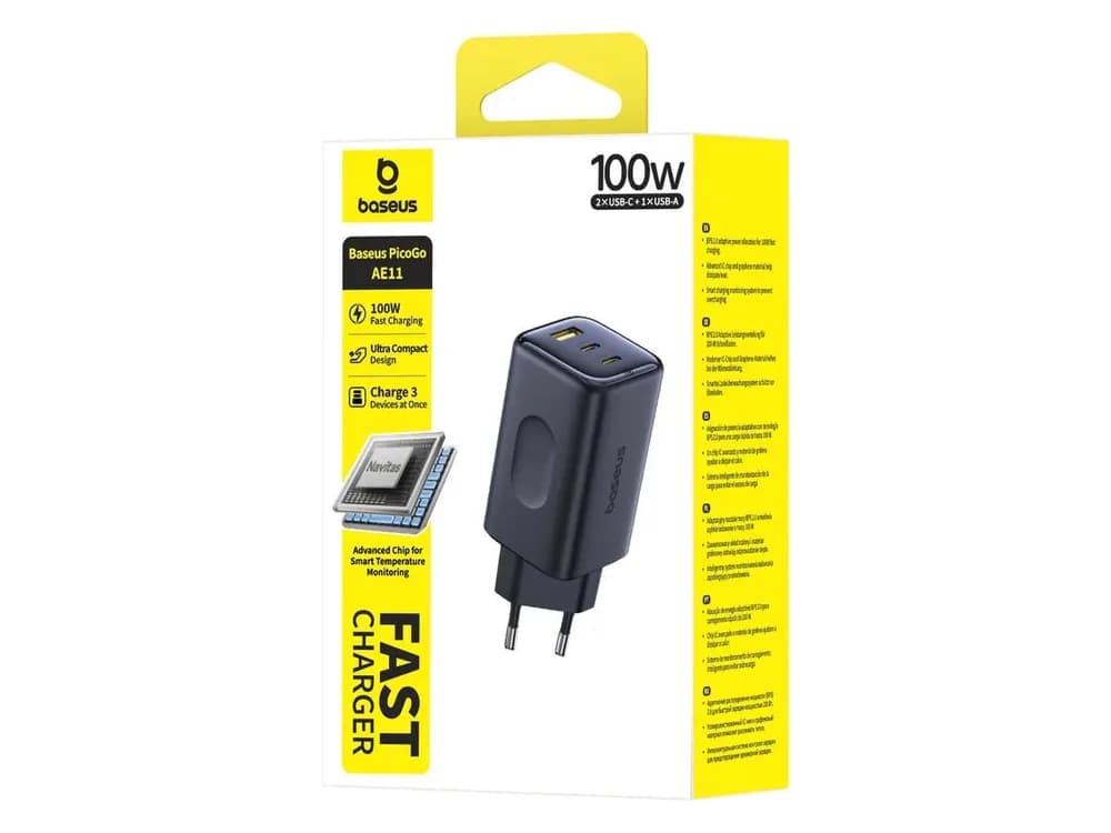 INCARCATOR retea Baseus PicoGo AE11, 100W, 1 x USB, 2 x USB Type-C, negru "E0121400" (include TV 0.18lei) - 6932172699932 — miniatură