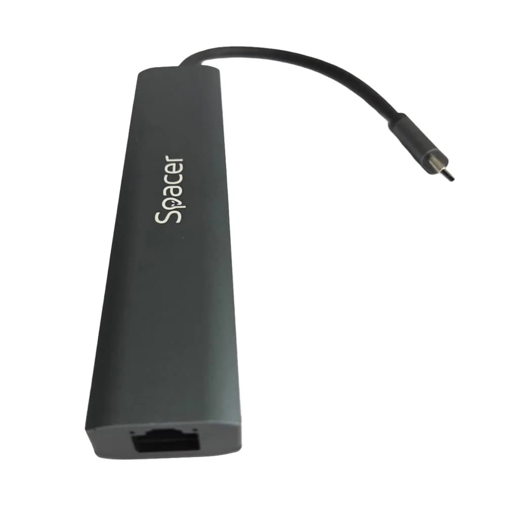 DOCKING Station Spacer universal 6 in 1, conectare Type-C, USB 3.0 x 3 |PD 3.0 x 1 (100W), 1x HDMI 4K (30Hz), 1xRJ45 Gigabit, gri, Aluminiu, "SPDS-TypeC-HUPG-6in1-04" — miniatură
