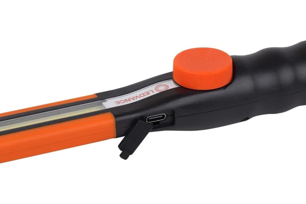 Lanterna LED multifunctionala Ledvance, 5W COB, 400 lm, dimabila, acumulator 1800 mAh inclus, utilizare auto, carlig, magnet,USB-C, IP22, cablu incarcare USB inclus, Portocaliu/Negru — miniatură
