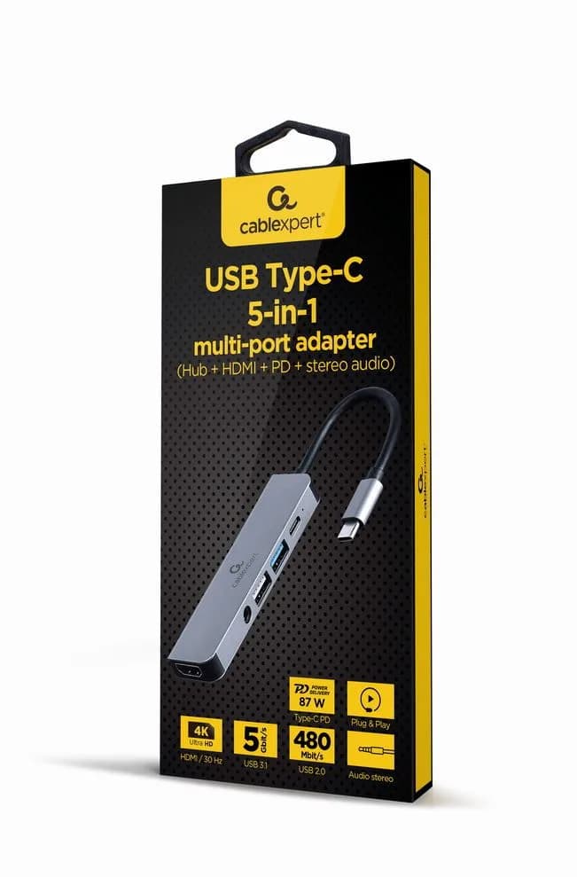 DOCKING Station Gembird universal, 5-in-1, conectare PC USB Type C,USB-C x 1, USB-A 3.1 x 1, USB-A 2.0 x 1, porturi video HDMI x 1, PD 87 W, Audio, argintiu, "A-CM-COMBO5-02" — miniatură
