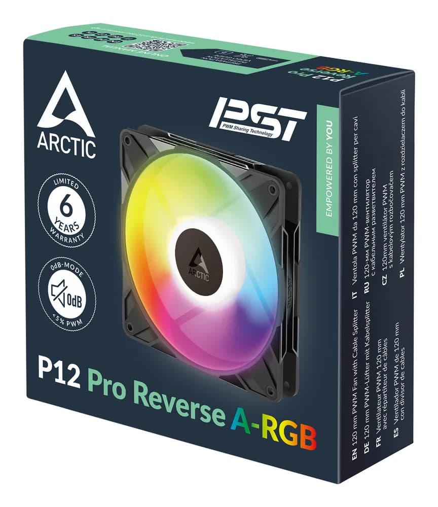 Set 3 ventilatoare Arctic "P12 Pro Reverse A-RGB - 3 Pack", 120mm, 500 - 3000 RPM, FDB, 73 cfm, 4-Pin Fan Plug + 4-Pin/3-Pin A-RGB Plug + 3-Pin Socket, negru, "ACFAN00333A" — miniatură
