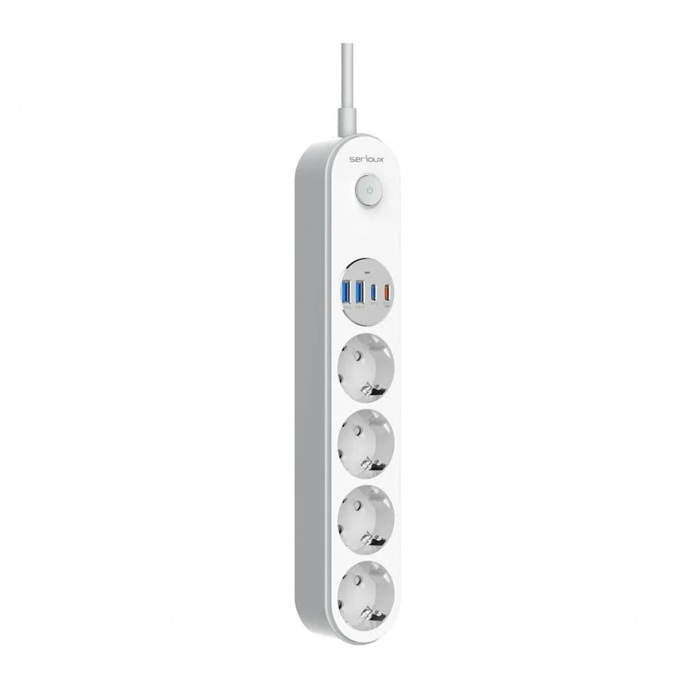 Prelungitor cu protectie Serioux SRXP-PS44W, 4 prize schuko, Tensiune intrare: 100-240V, 50-60Hz, Tensiune ieşire (total): 2500W-10A, 4 porturi USB (auto max), USB-C1-20W si USB-C2/A1/A2-12W, Amperaj port USB (max): 3.4A, Funcţie auto ID — miniatură