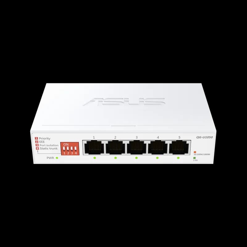 ASUS QG-U1050. Switch type: Unmanaged. Basic switching RJ-45 Ethernet ports type: 2.5G Ethernet (100/1000/2500), Basic switching RJ-45 Ethernet ports quantity: 5. MAC address table: 16000 entries. Networking standards: IEEE 802.3ab, IEEE 802.3az, IEEE 802.3bz, IEEE 802.3u, IEEE 802.3x. DC input