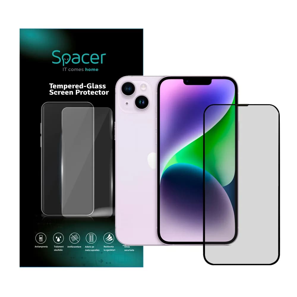 FOLIE STICLA Spacer pentru Iphone 14 Plus, grosime 0.3mm, acoperire totala ecran, strat special anti-ulei si anti-amprenta, Tempered Glass, sticla 9D, duritate 9H "SPPG-AP-IP14PL-TG"