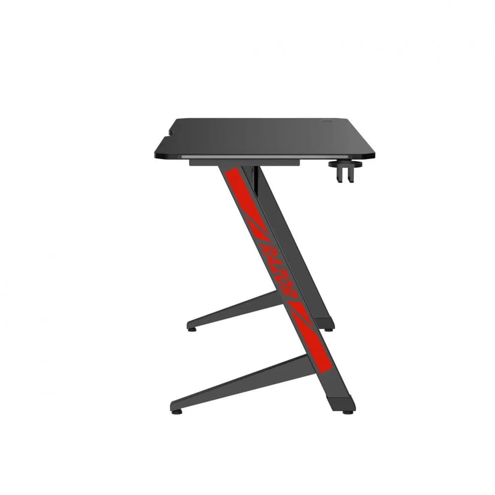 Birou Gaming Serioux Razor cu LED RGB, Material: MDF și melamină, plastic, oțel, Dimensiuni birou 1200x600x750mm, Dimensiuni blat (LxlxA) 1200x600x15mm, Greutate suportata 75kg, Iluminare ambientală LED cu gradient multicolor, Culoare: negru mat și roșu mat — miniatură