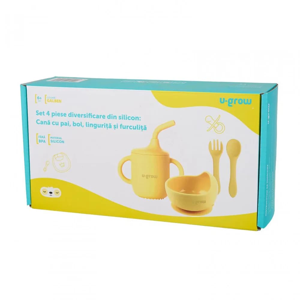 Set 4 piese diversificare din silicon: Cana cu pai, bol, lingurita si furculita, galben, U-Grow — miniatură