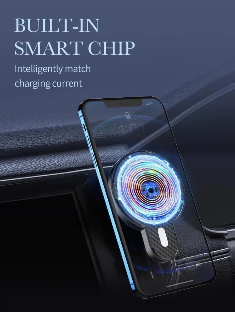 Suport Auto Telefon Serioux, cu incarcare Wireless 15W, compatibil MagSafe, prindere grila ventilatie, Intrare: 5V=2A 9V=2A, Ieșire: 5W 7.5W 10W 15W(Max), Dimensiuni: 61*84*71mm — miniatură