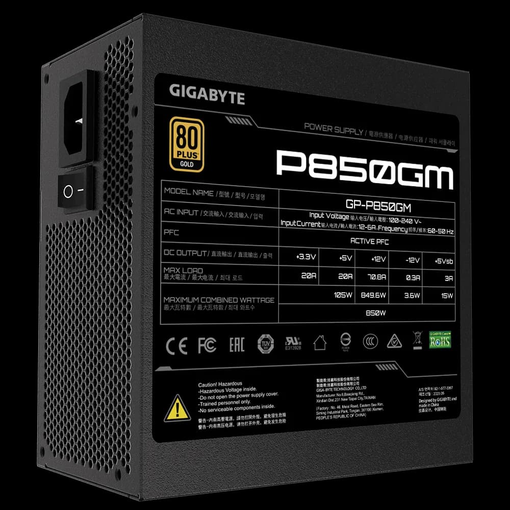 SURSA SURSA GIGABYTE, 850 W, modulara, ATX 12V 2.31, fan 120 mm x 1, 80 Plus Gold, "GP-P850GM" — miniatură
