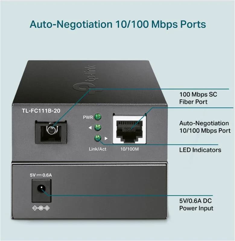 "10/100 Mbps RJ45 to 100 Mbps Single-mode SC WDM Bi-Directional Fiber Converter PORT: 1× 100Mbps SC Port, 1× 10/100M RJ45 Port (Auto MDI/MDIX) SPEC: Full-duplex, Tx:1310 nm, Rx:1550 nm, Up to 20 km, Chassis TL-FC1420 Rack-mountable" — miniatură