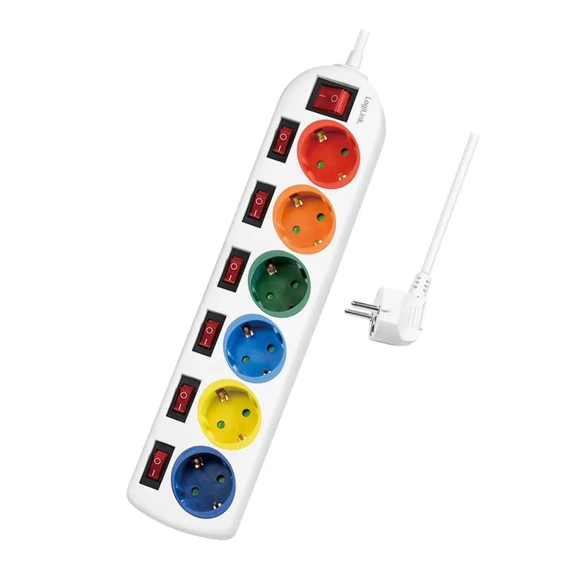PRELUNGITOR LOGILINK, Schuko x 6, conectare prin Schuko (T), cablu 1.5 m, 16 A, protectie copii, alb/ multicolor, "LPS259"