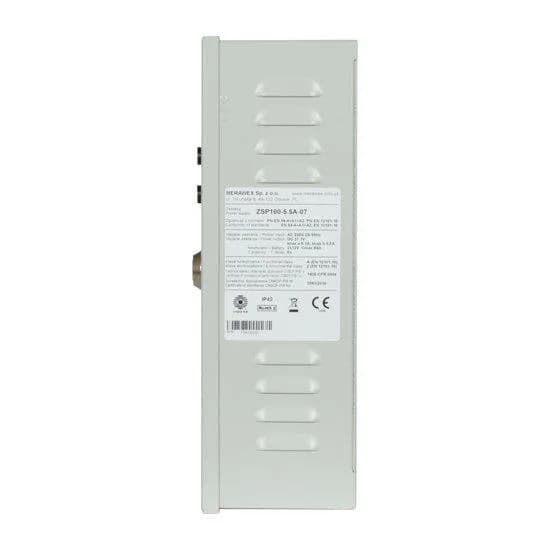 Sursa de alimentare pentru sisteme de detectie incendiu 24V/5.5A in cutie metalica Merawex ZSP100-5.5A-07, loc pentru 2 acumulatori 12V/9Ah, Tensiune de intrare: 100/230VAC, eficienta ridicata sub sarcina si consum redus, comunicare RS-232 / RS-485, rata scazuta de esec (0,5% in trei ani), iesiri — miniatură