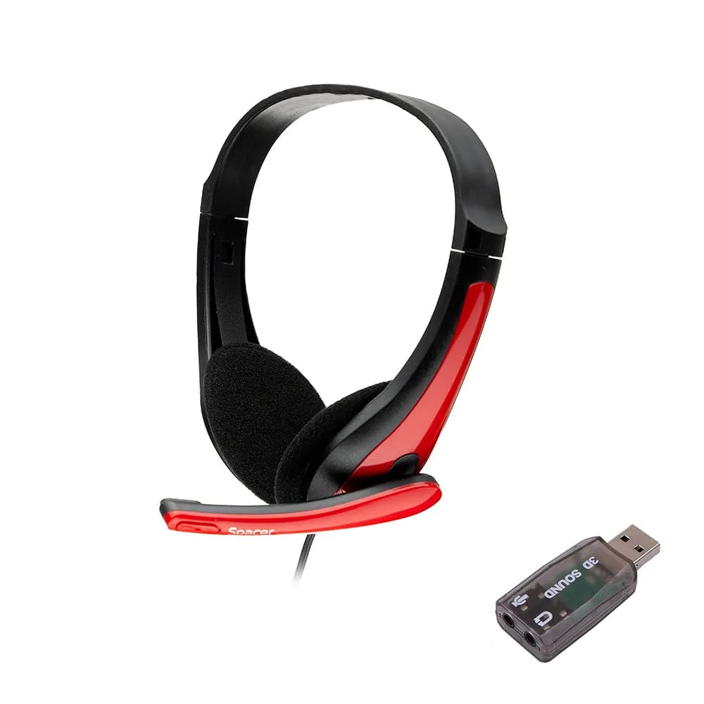 CASTI Spacer, cu fir, standard, utilizare multimedia, microfon pe brat, conectare prin adaptor USB 2.0 sau Jack 3.5 mm x 2, negru / rosu, "SPK-507-USB"