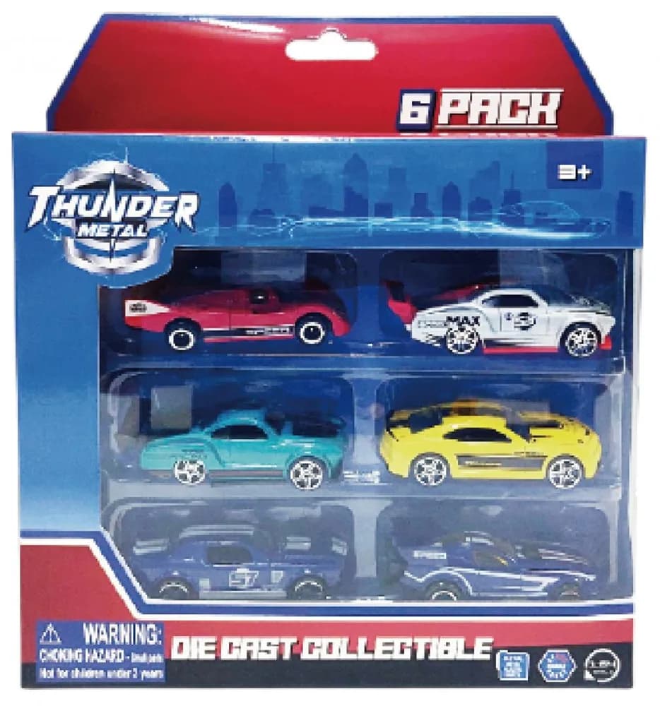 MACHETA DIE CAST, SET 6 MASINI CURSE, SCARA 1/64, 7.5CM, DIVERSE MODELE SI CULORI- PORTOCALIU, GALBEN, BLEU, GRI, ALBASTRU, ALB, NEGRU — miniatură